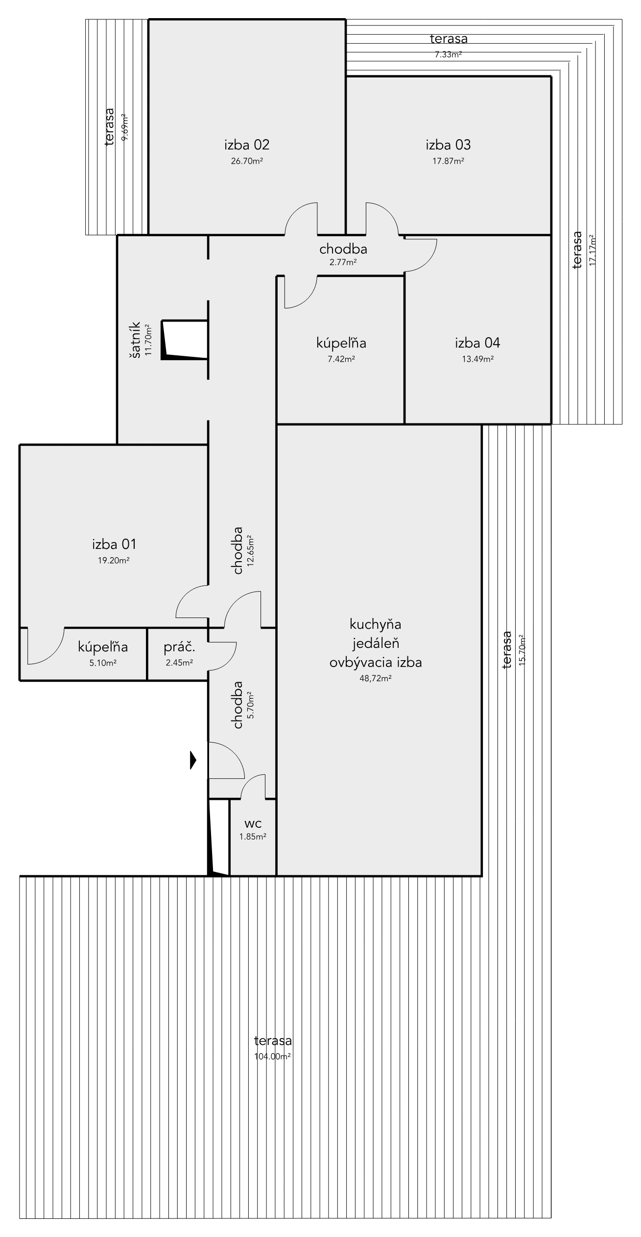 Pôdorys 5-izbového penthouse na predaj v Bratislave, Koliba — 176 m² interiéru a 154 m² terás